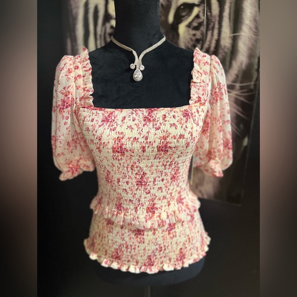 ❤️CeCe Women's Pink Flower Square Neck Blouse SZ S❤️NWT - Picture 1 of 14